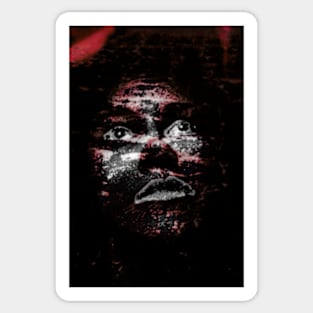 Monster like creature, girl, looking up. Dark. Black skin, with white spots. Red. Sticker